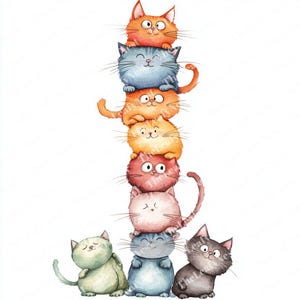 May include: A whimsical illustration of a tower of cartoon cats in various colors, including orange, blue, and pink. Each cat has a unique expression and is stacked on top of each other. The cats have fluffy fur and long whiskers.