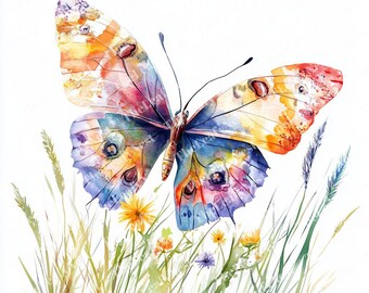 Clipart aquarel vlinder: bloemenvleugels, weideinsect (JPG en PNG)