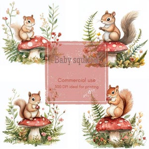 Könnte beinhalten: Aquarellillustration mit vier Babyeichhörnchen auf rot-weiß gepunkteten Pilzen, umgeben von Grün und Blumen. Der Text "Baby squirrel" und "Commercial use 300 DPI ideal for printing" ist enthalten.