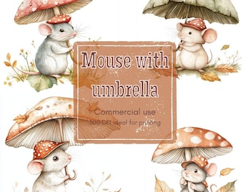 13 Clipart souris champignon, feuille des cliparts parapluie, clipart Woodland lunatique, aquarelle imprimable, PNG de haute qualité, papercraft, journal