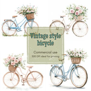 17 Bicycle Clipart, Floral Basket Clipart, Pastel Bike Clipart, Printable Watercolor, High-Quality JPGs, Papercraft, Junk Journal
