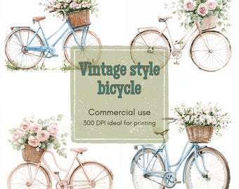 Watercolor Bicycle Clipart: Floral Basket, Pastel Bike (JPG & PNG Digital Download)