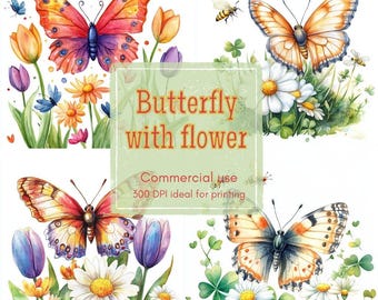17 imágenes prediseñadas de mariposas de jardín, imágenes prediseñadas de insectos tulipanes, imágenes prediseñadas de insectos margaritas, acuarela imprimible, JPG y PNG de alta calidad, manualidades de papel, diario basura