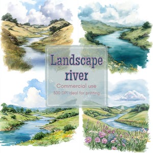 14 Watercolor River Hills Clipart, Nature Scene Clip Art, Landscape Papercraft, Printable Watercolor, High-Quality JPGs, Junk Journal