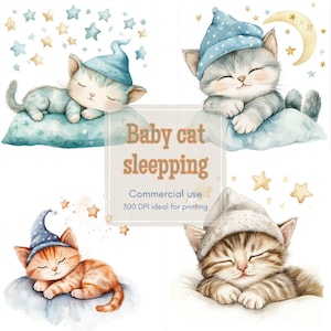 14 schläfriges Kätzchen Clipart, Schlafenszeit Katze Clipart, verträumte Schlafmütze Clipart, druckbares Aquarell, hochwertige JPG / PNG, Papier, Junk Journal