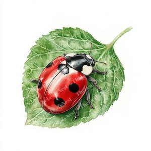 May include: A detailed illustration of a ladybug with a red shell and black spots, resting on a green leaf. The ladybug's head is black with white markings. The leaf has a detailed texture and a stem.