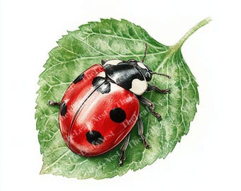 14 Ladybug on Leaf Clipart, Red Insect on Green Leaf, Printable Watercolor Clipart, High Quality PNG / JPGs, Digital Download, Junk Journal