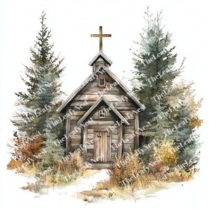 13 Rustic Chapel with Trees Clipart, Printable Watercolor Clipart, High-Quality PNG JPG, Digital Download, Papercraft, Junk Journal