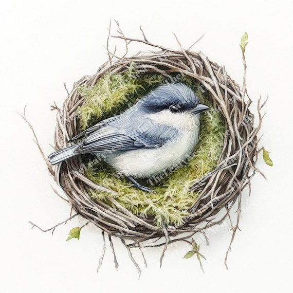 巣の中の鳥のクリップアート11点、苔のある水彩画の巣のクリップアート