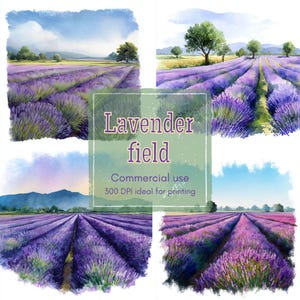 10 imágenes prediseñadas de campo de lavanda, imágenes prediseñadas de flores moradas, imágenes prediseñadas de flores campestres, acuarela imprimible, JPG y PNG de alta calidad, manualidades de papel, diario