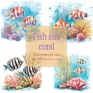 17 Coral and Fish Clipart, Striped Fish in Turquoise Waters, Printable Watercolor Clipart, High Quality PNG, Digital Download, Junk Journal