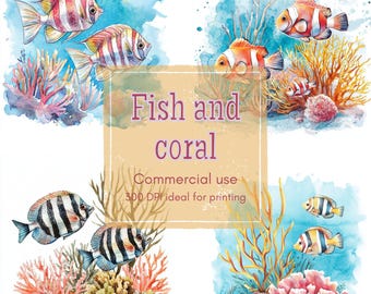 17 Coral and Fish Clipart, Striped Fish in Turquoise Waters, Printable Watercolor Clipart, High Quality PNG, Digital Download, Junk Journal