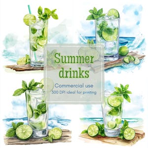 Op de afbeelding: Waterverfillustratie van vier verfrissende zomerdrankjes, elk in een hoog glas met ijs, limoenschijfjes en muntblaadjes. De tekst "Summer drinks" wordt weergegeven, samen met "Commercial use" en "300 DPI ideal for printing".