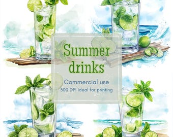 9 Mojito Clipart, Lime Drink Clipart, Beach Cocktail Clipart, Printable Watercolor, High-Quality JPGs, Papercraft, Junk Journal