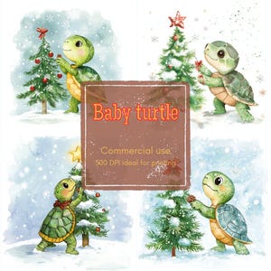 Puede incluir: Ilustración en acuarela con cuatro tortugas bebés decorando árboles de Navidad en una escena nevada. La imagen incluye el texto "Baby turtle" y "Commercial use. 300 DPI ideal for printing."