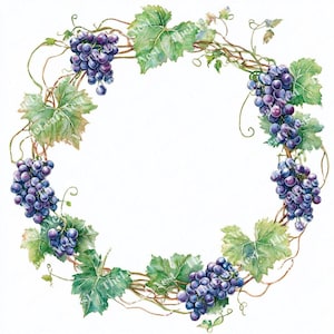 Könnte beinhalten: Aquarellillustration eines kreisförmigen Weinlaubkranzes. Der Kranz zeigt Traubenbüschel, grüne Blätter und braune Weinreben. Das Kunstwerk ist vor einem weißen Hintergrund angeordnet und erzeugt eine frische und natürliche Ästhetik.