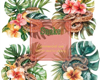 8 Jungle Snake Clipart, Tropical Floral Clipart, Monstera Reptile Clipart, Printable Watercolor, High-Quality PNGs, Papercraft, Junk Journal