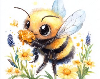 Baby Bee Watercolor Clipart: Wildflower Garden Illustrations (JPG & PNG)