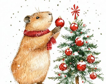 Watercolor Christmas Capybara Clipart, Winter Animals (Digital Download)