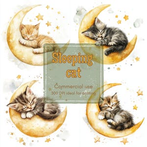 15 Kätzchen Mond Clipart, schlafende Katze Clipart, Sternennacht Clipart, druckbares Aquarell, hochwertige JPGs und PNGs, Papierbasteln, Junk Journal