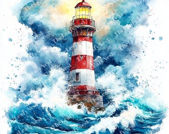 May include: Watercolor painting of a red and white striped lighthouse with a bright yellow light at the top. The lighthouse is surrounded by crashing blue waves and a cloudy sky. The artwork has a nautical theme.