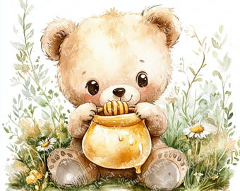 16 Bear and Honey Clipart, Honey Clipart, Nursery Bear Cub, Printable clipart, High Quality JPGs, Digital download, Paper craft, Sublimation