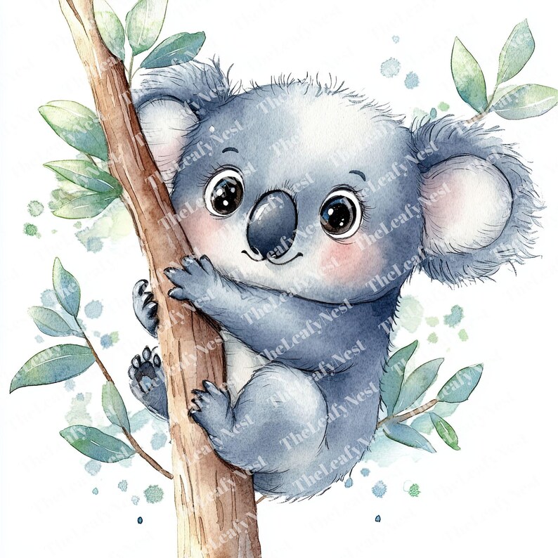 9 Koala Clinging to a Eucalyptus Cartoon Clipart, Printable Watercolor ...