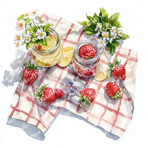 7 Picnic Blanket Scene Clipart, Strawberries and Lemonade Top View, Printable Watercolor Clipart, PNG JPG, Papercraft, Junk Journal