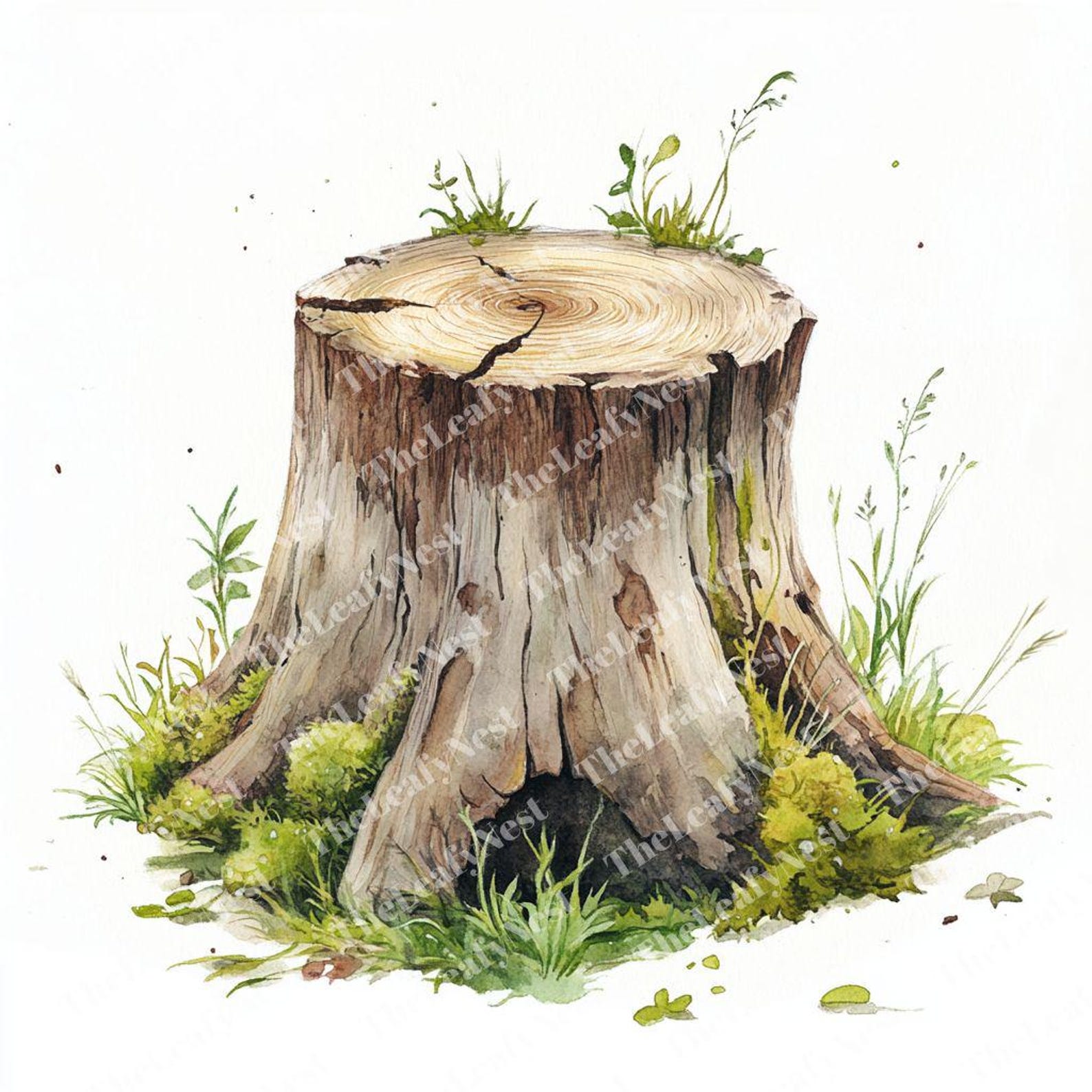 Tree Stump Printable Color 10 Tree Stump Clipart, Mossy Forest Clipart, Printable Watercolor ...