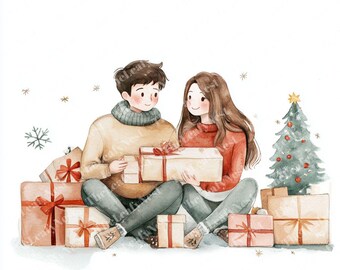 Watercolor Christmas Couple Clipart, Romantic Holiday Art (Digital Download)