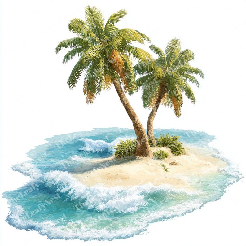 Tropical Beach Clipart: Watercolor Palm Trees, Ocean Waves (JPG & PNG ...