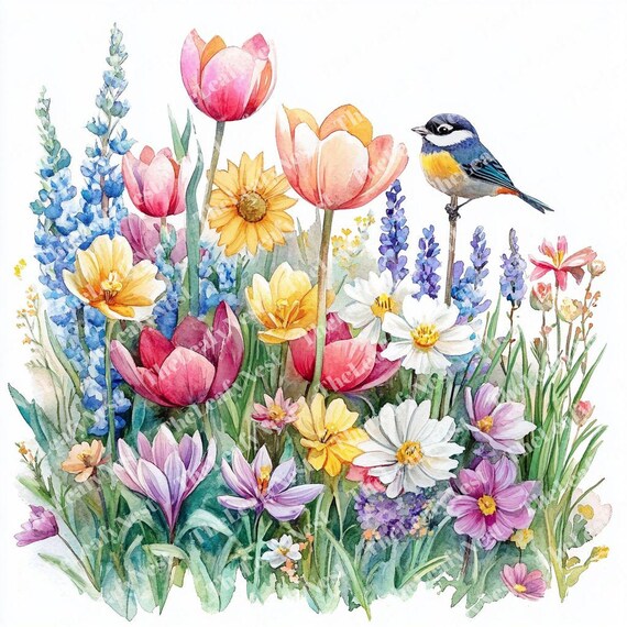 11 春の花壇のクリップアート、鳥と花の庭のクリップアート、印刷可能