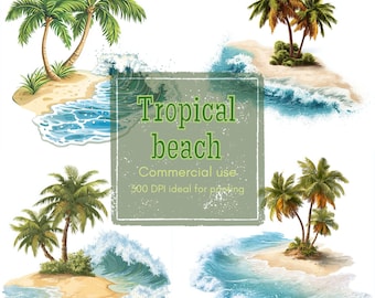 Tropical Beach Clipart: Watercolor Palm Trees, Ocean Waves (JPG & PNG Digital Download)