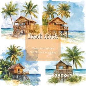 15 Beach Cabin Clipart, Palm Tree Clipart, Ocean View Clipart, Printable Watercolor, High-Quality JPGs, Papercraft, Junk Journal
