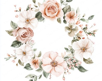 11 Pastel Floral Wreath Clipart, Rose and Peony Wreath Clipart, Printable Watercolor Clipart, High Quality JPG, Digital Download, Journals