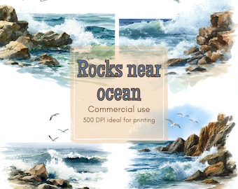 Watercolor Ocean Surf Clipart: Coastal Beach Scene (JPG Digital Download)