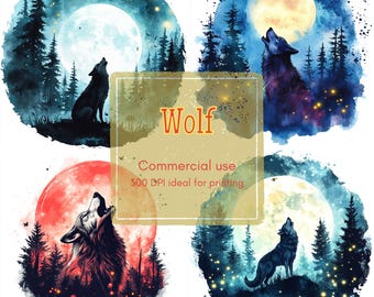 Wolf Moon Watercolor Clipart: Forest Night Scene (JPG & PNG Digital Download)