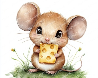 11 Mouse with cheese cartoon clipart, Cute Mouse clipart,Printable Watercolor clipart, High Quality JPGs, Digital download, Paper craft
