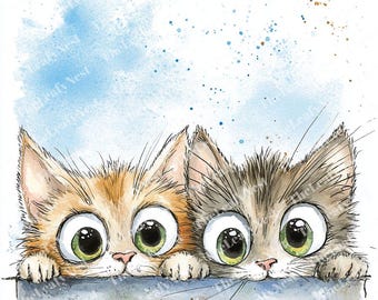 11 Peeking Cat Clipart, Funny Cat Clipart, Cartoon Kitty Clipart, Printable Watercolor, High-Quality JPGs, Papercraft, Junk Journal
