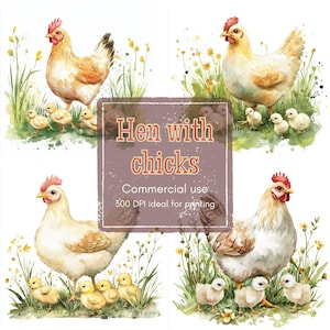 21 Watercolor Hen and Chicks Clipart, Farm Animal Clip Art, Spring Chicken Clipart, Printable Watercolor, High-Quality JPGs, Junk Journal