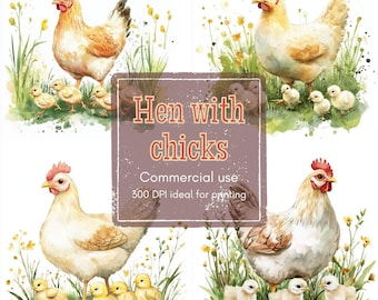 21 Watercolor Hen and Chicks Clipart, Farm Animal Clip Art, Spring Chicken Clipart, Printable Watercolor, High-Quality JPGs, Junk Journal