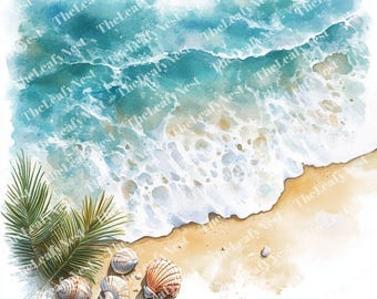 7 Ocean Shoreline Clipart, Beach Waves and Seashells Clipart, Printable Watercolor Clipart, High Quality JPGs, Digital Download, Journals