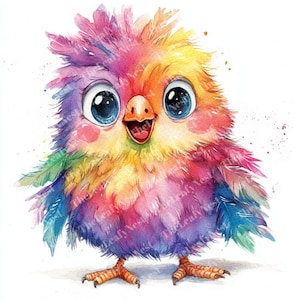 36 Rainbow Bird Clipart, Funny Bird Clipart, Chibi Bird Art Clipart, Printable Watercolor, High-Quality JPG & PNG, Papercraft, Junk Journal