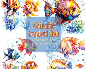 13 Tropical Fish Clipart, Colorful Ocean Clipart, Underwater Scene Clipart, Printable Watercolor, High-Quality JPG, Papercraft, Junk Journal