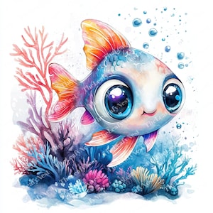 10 Colorful fish cartoon clipart, Cute fish clipart,Printable Watercolor clipart, High Quality JPG,Digital download, Papercraft, Sublimation