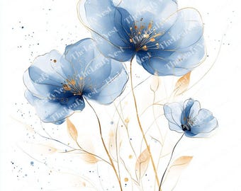 17 Blue Flower Clipart, Gold Botanical, Elegant Floral, Printable Watercolor Clipart, High Quality JPGs & PNGs, Papercraft, Journals