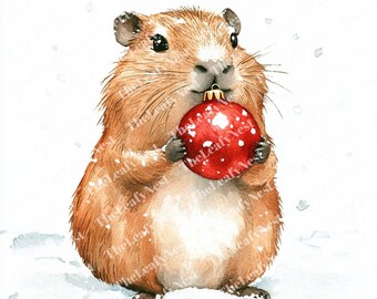 Watercolor Christmas Capybara Clipart, Festive Animal Art (Digital Download)