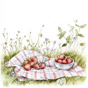 13 Charming picnic scene with strawberry clipart, Printable Watercolor clipart, High-Quality JPG, Digital download, Papercraft, junk journal