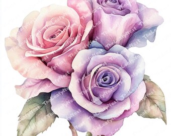 Watercolor Roses Clipart, Floral PNG JPG Set (Digital Download)
