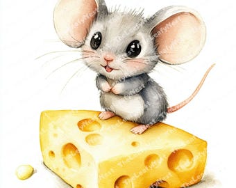 10 Cartoon Mouse | Cute Mouse | Chibi Mouse with cheese| Cute clipart|Printable Watercolor clipart | High Quality JPG PNG | Digital download